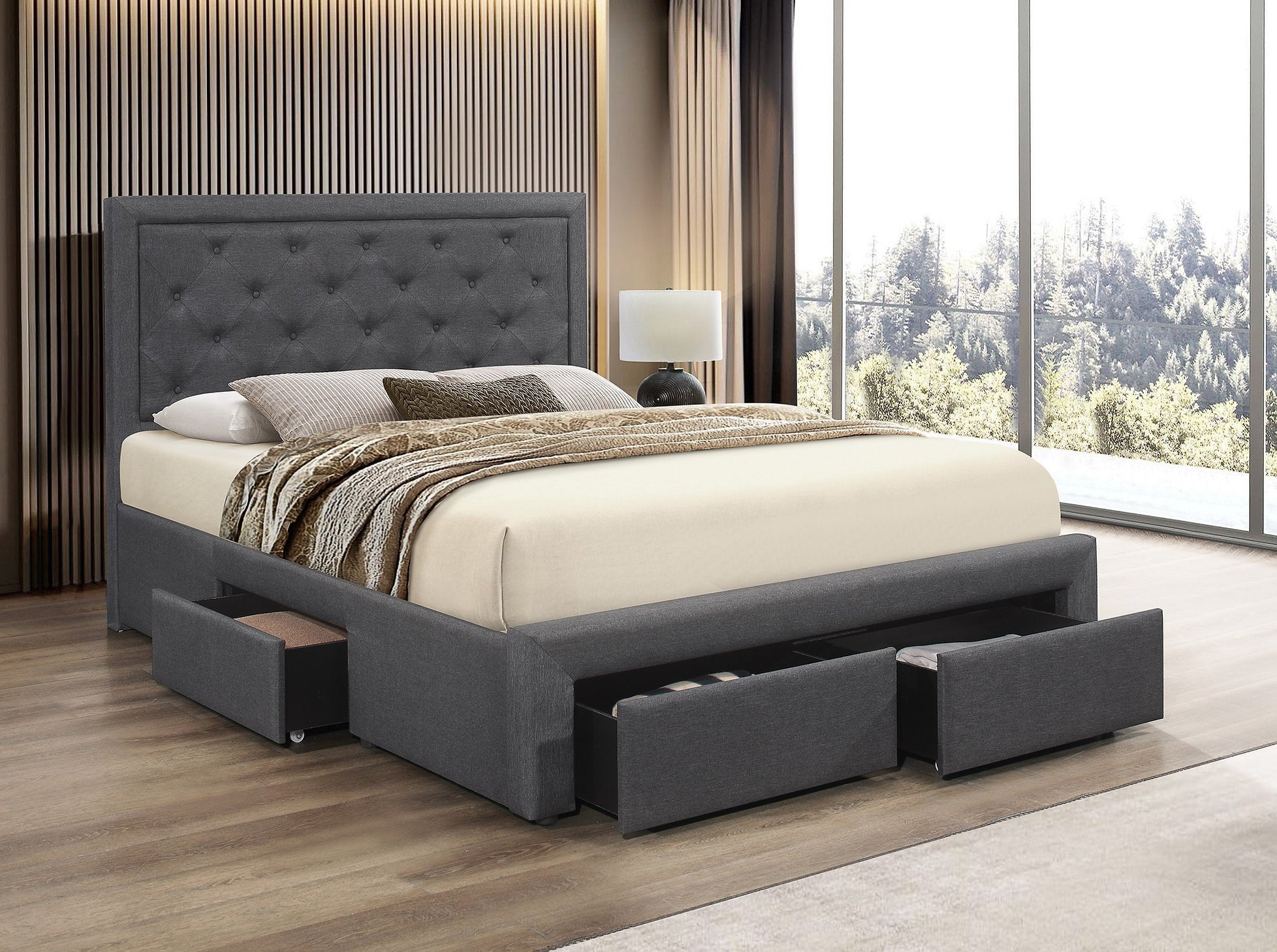 Bed - Dark Grey Fabric with 3 Storage Drawers and Padded Headboard  IF-5295