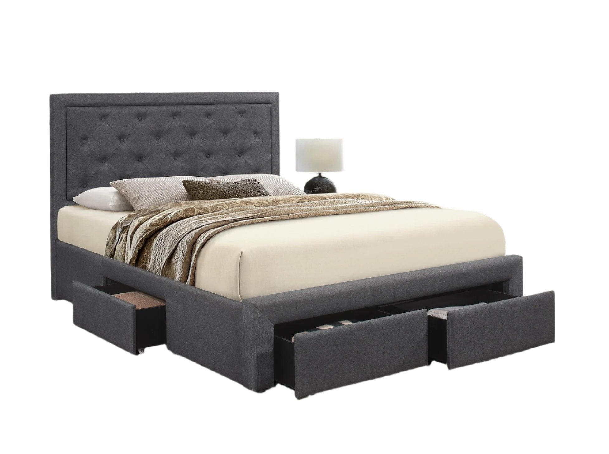 IF-5295 Bed, Dark Grey, Fabric, 3 Storage Drawers, Padded Headboard