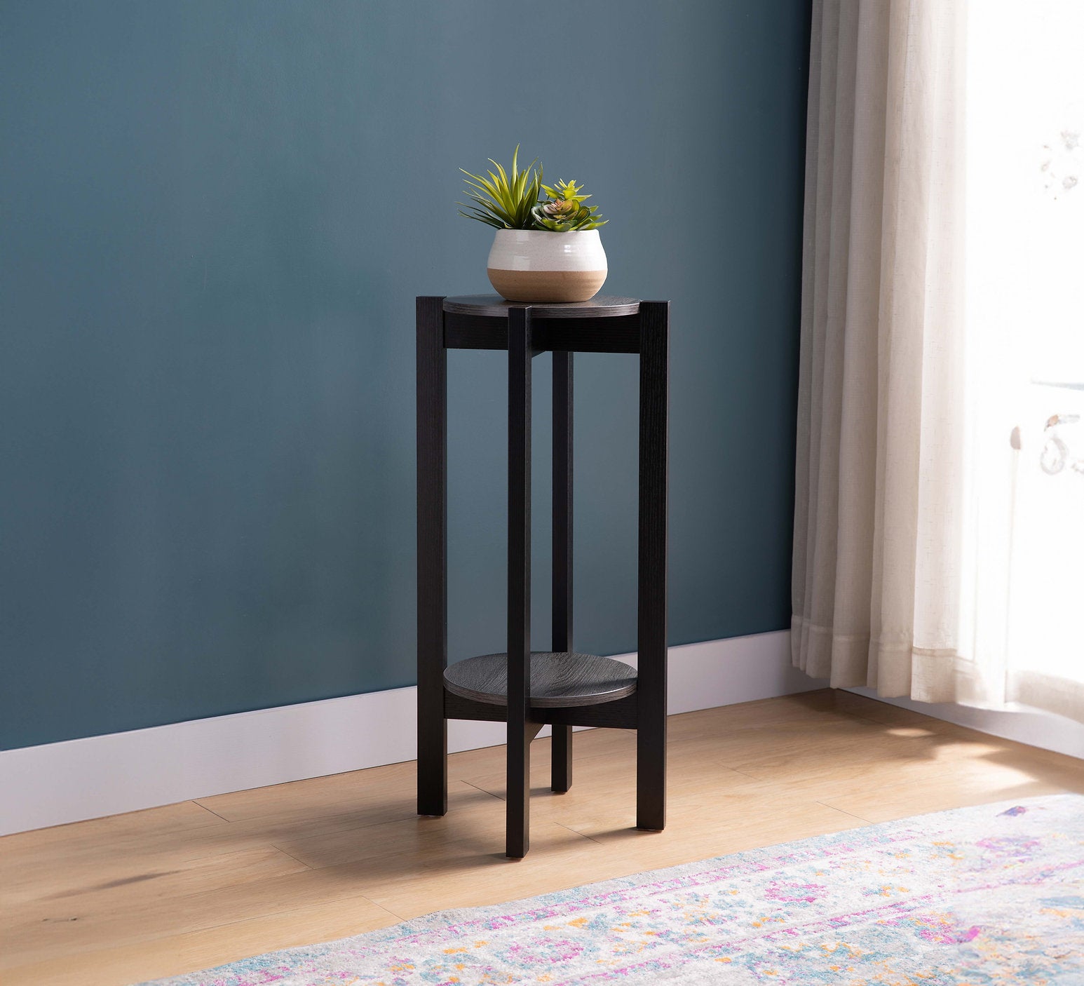 IF-090 Side Accent Table, Round, 15" Diameter, Grey Top, Black Legs, 2 Tier