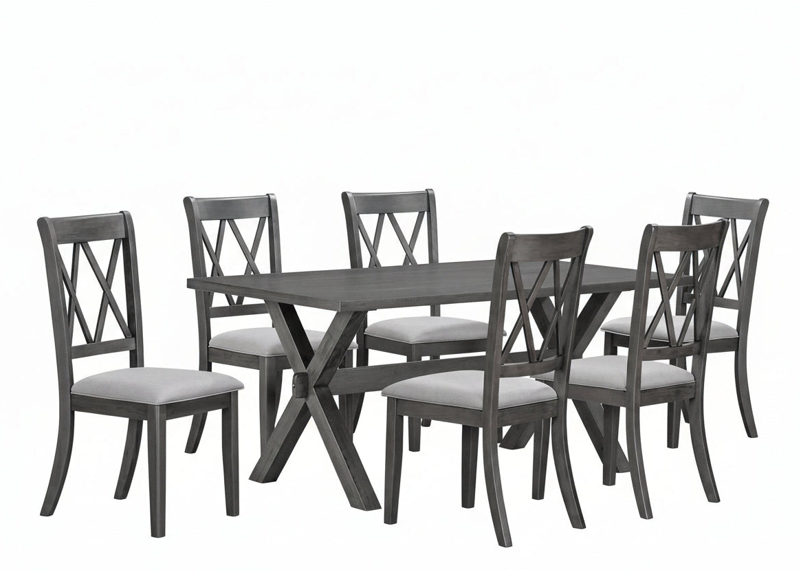 T-1095 | C-1098 Dining Set, 7 Pc, 67" Table + 6 Chairs, Antique Grey, Grey Fabric Seat Chairs