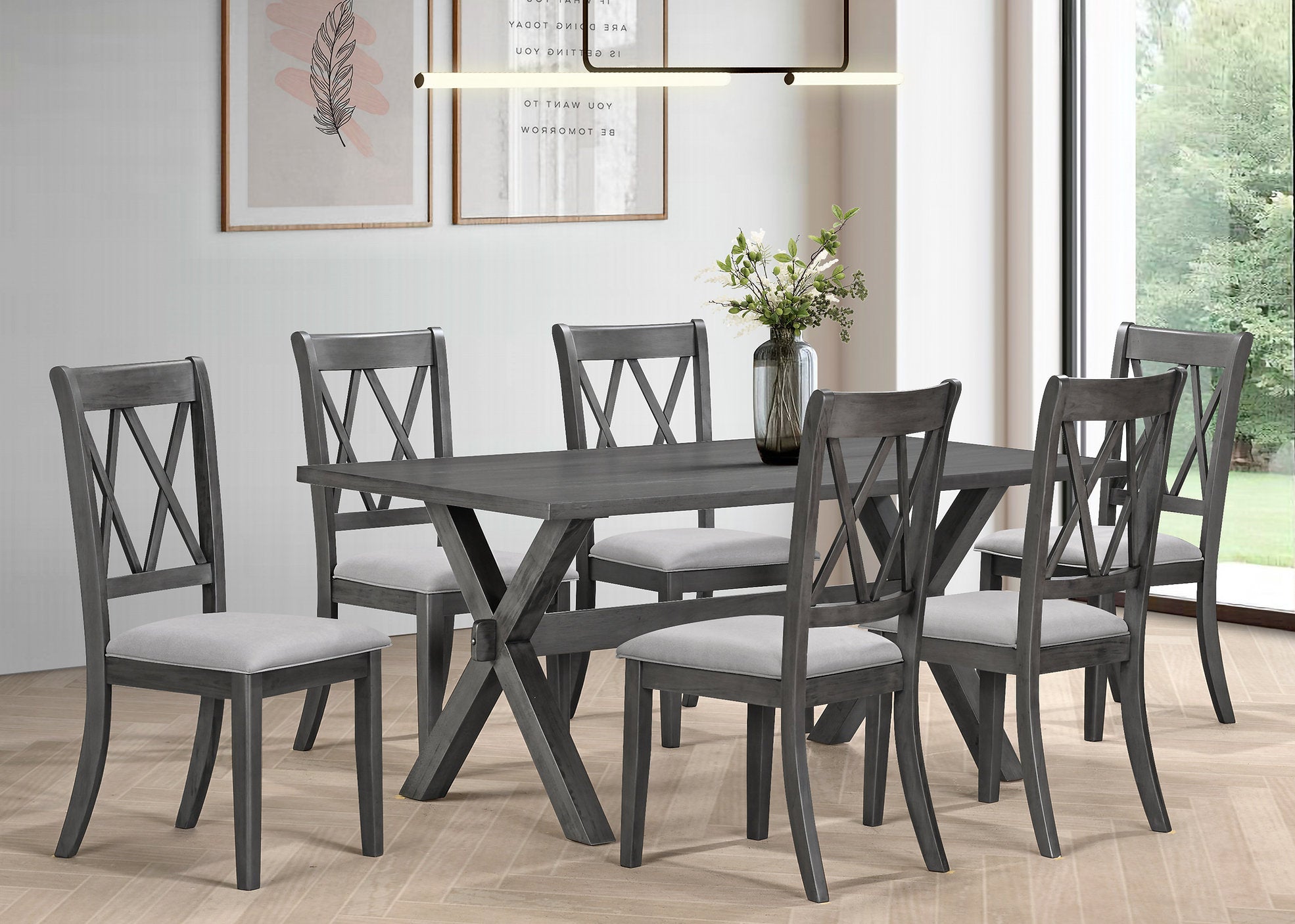 T-1095 | C-1098 Dining Set, 7 Pc, 67" Table + 6 Chairs, Antique Grey, Grey Fabric Seat Chairs