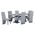 IF-1600 Dining Set, 5Pc or 7Pc, 82" Table, Faux Grey Marble Top, Double Pedestal Base, Grey Fabic Chairs