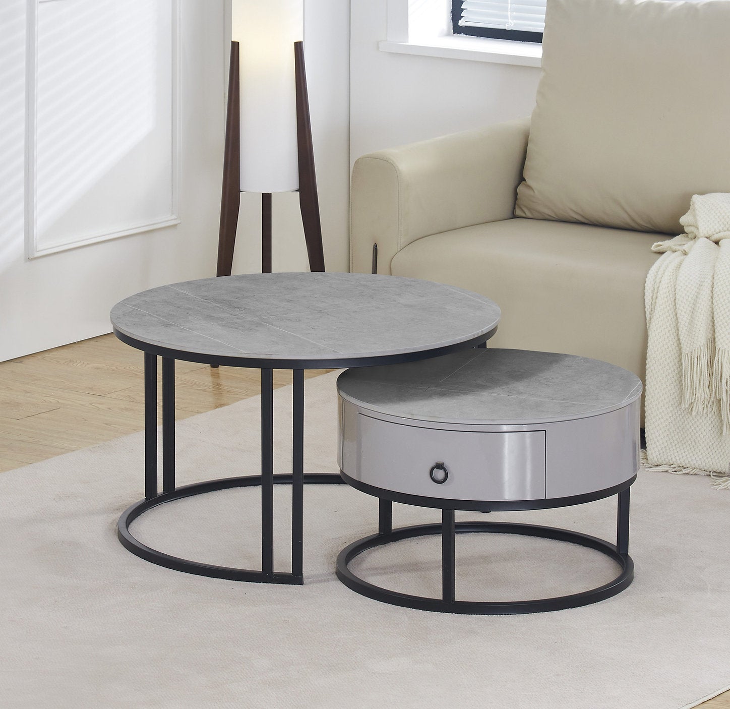 IF-2668 Coffee Table Set, 2Pc, Nested, Armani Grey Stone Top, Black Steel Base