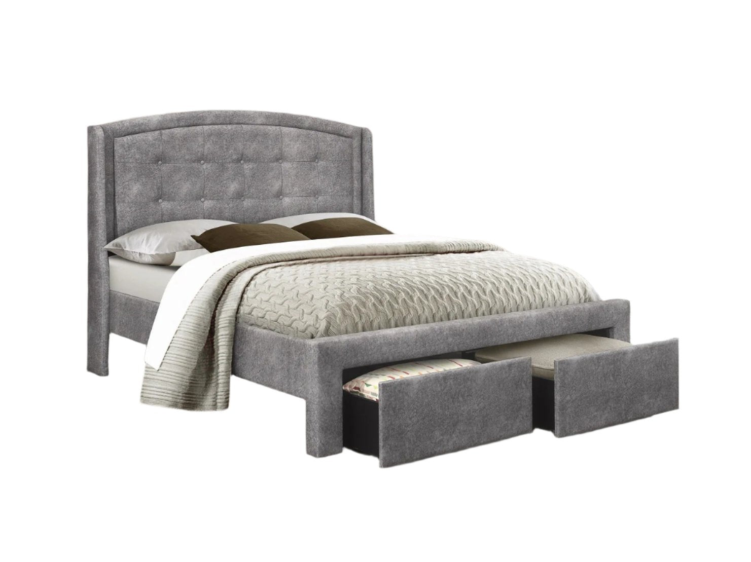 IF-5285 Bed, Grey, Fabric, 2 Storage Drawers, Button Tufted Headboard