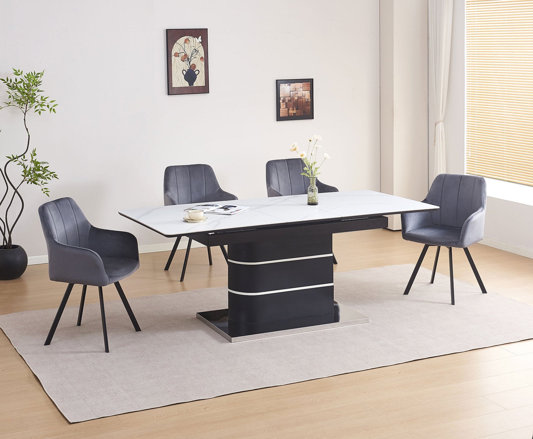 T-1410 | C-1412 Dining Set, 7Pc, Extension Table, 63"-79", Sintered Stone Top, White Marble, Dark Grey Swivel Chairs