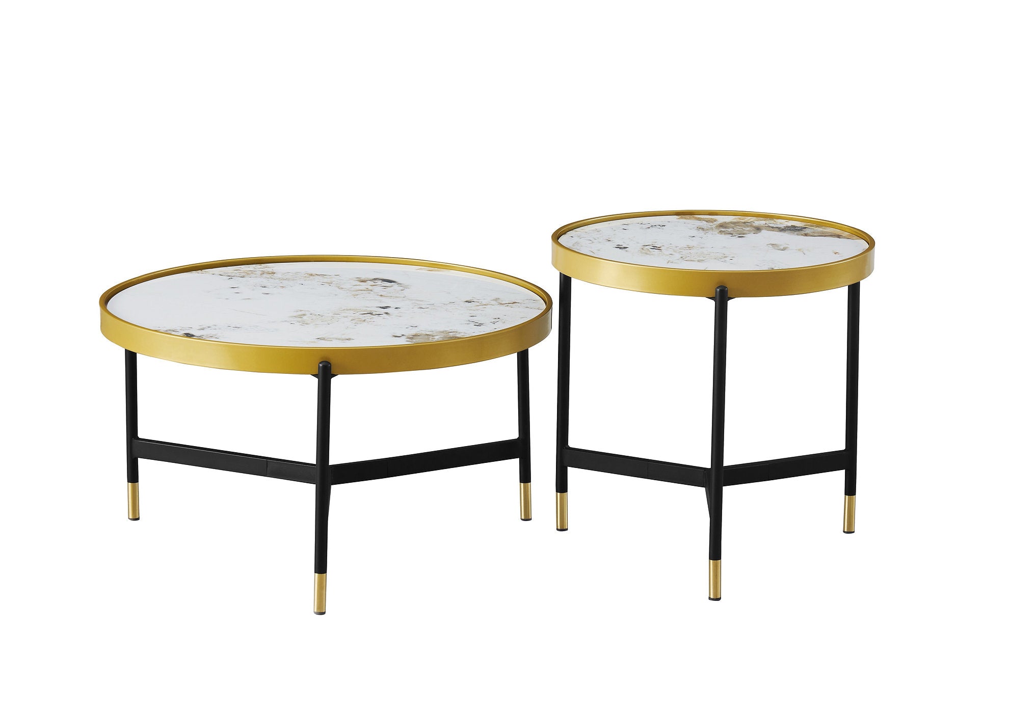 IF-2625 Coffee Table Set, 2Pc, Nested, Sintered Stone Pandora Marble Top, Black and Gold Steel Base