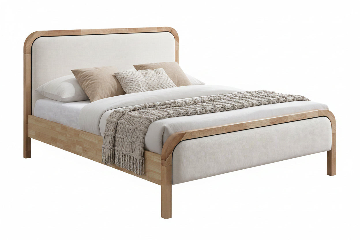 IF-5928  Bed, Natural Wood Frame, Soft Warm Ivory Fabric