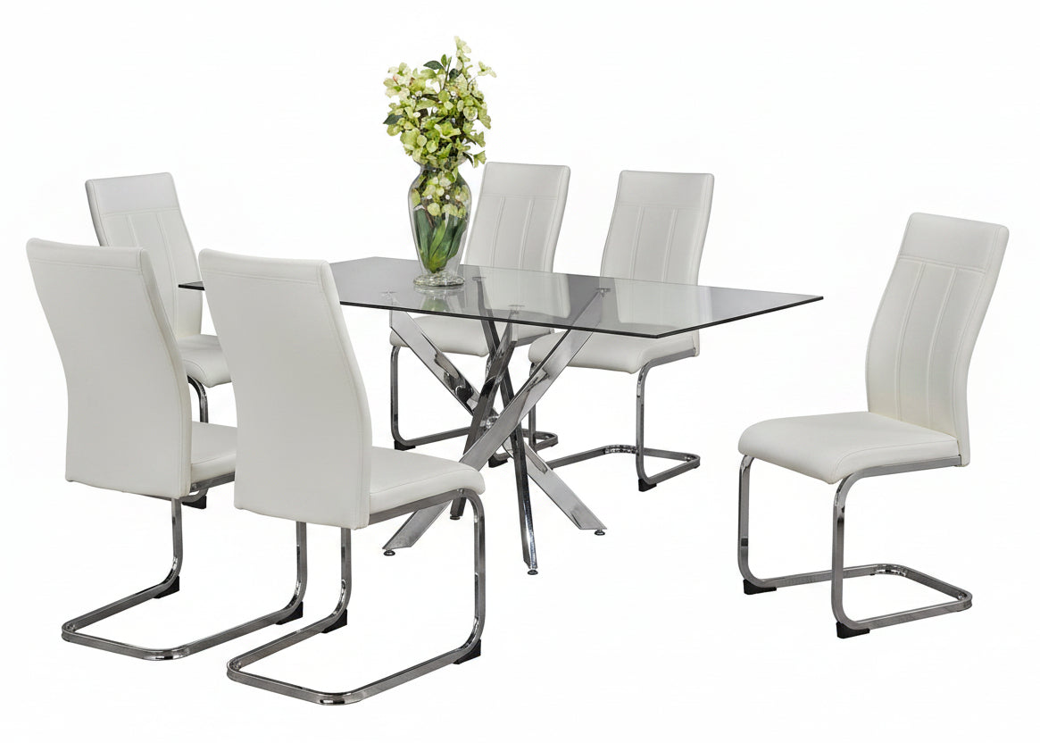 T-1448 | C-1878 Dining Set, 7 Pc, 63" Table + 6 White Chairs, Chrome Steel Table Legs, Glass Top