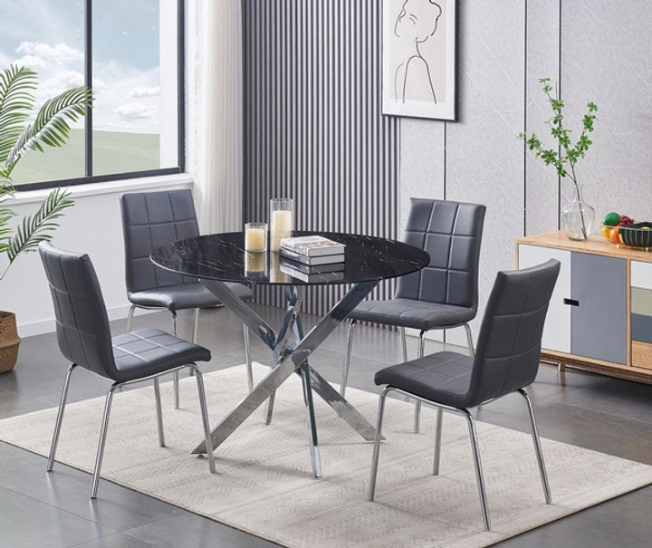 T-1446 Dining Table, 44" Round Black Marble Glass Top, Chrome Frame