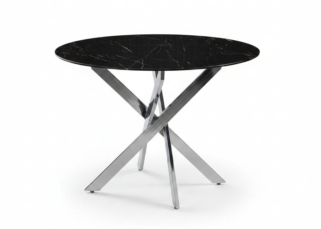 T-1446 Dining Table, 44" Round Black Marble Glass Top, Chrome Frame