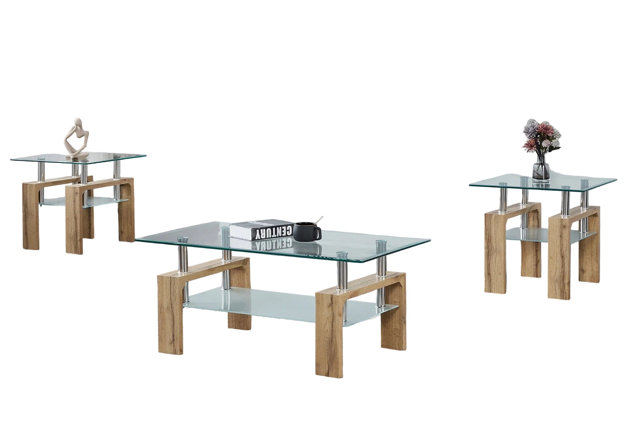 IF-2062 Coffee Table Set, Light Natural Legs, 3Pc, Clear Glass Top, Frosted Glass Shelf