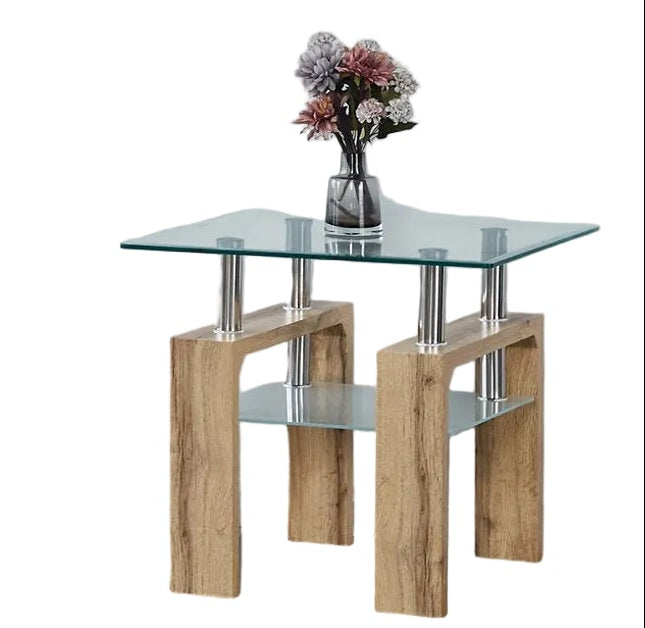 IF-2062 Coffee Table Set, Light Natural Legs, 3Pc, Clear Glass Top, Frosted Glass Shelf