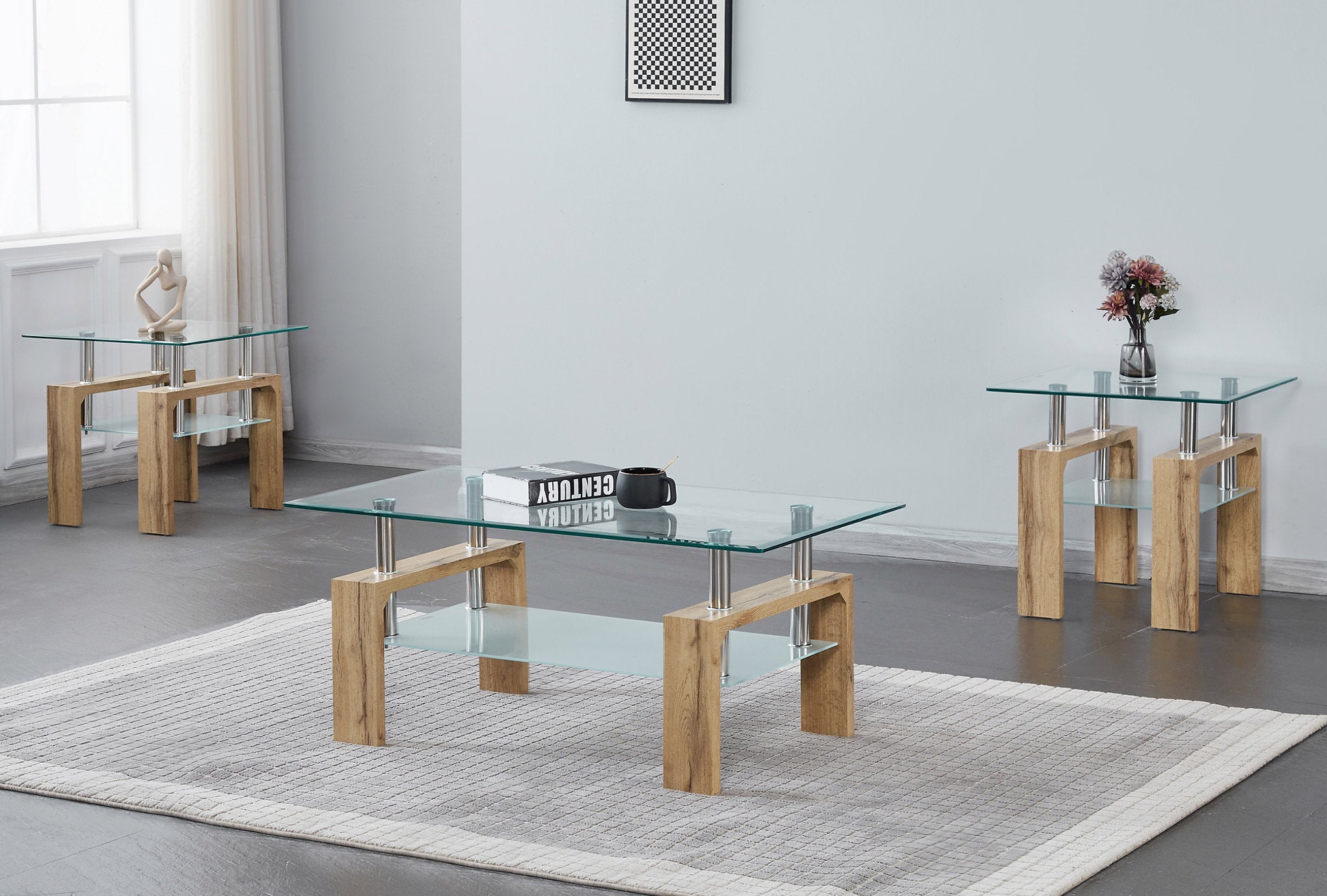 IF-2062 Coffee Table Set, Light Natural Legs, 3Pc, Clear Glass Top, Frosted Glass Shelf