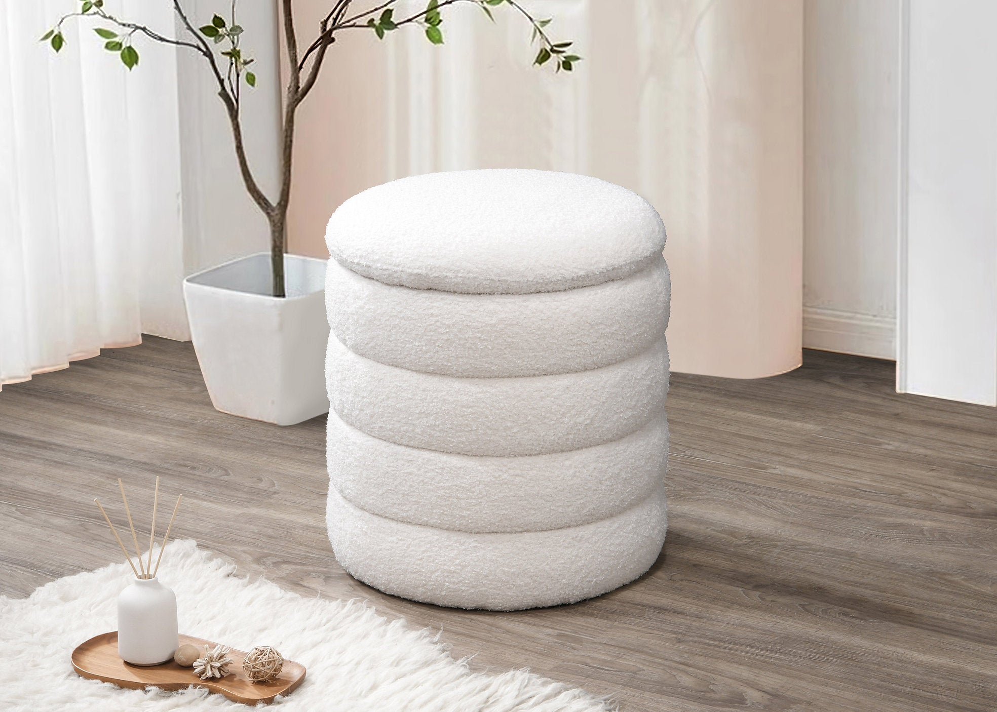 IF-6240 Ottoman / Bench, Round, 17" Diameter, Soft Ivory, Teddy Bear Fabric