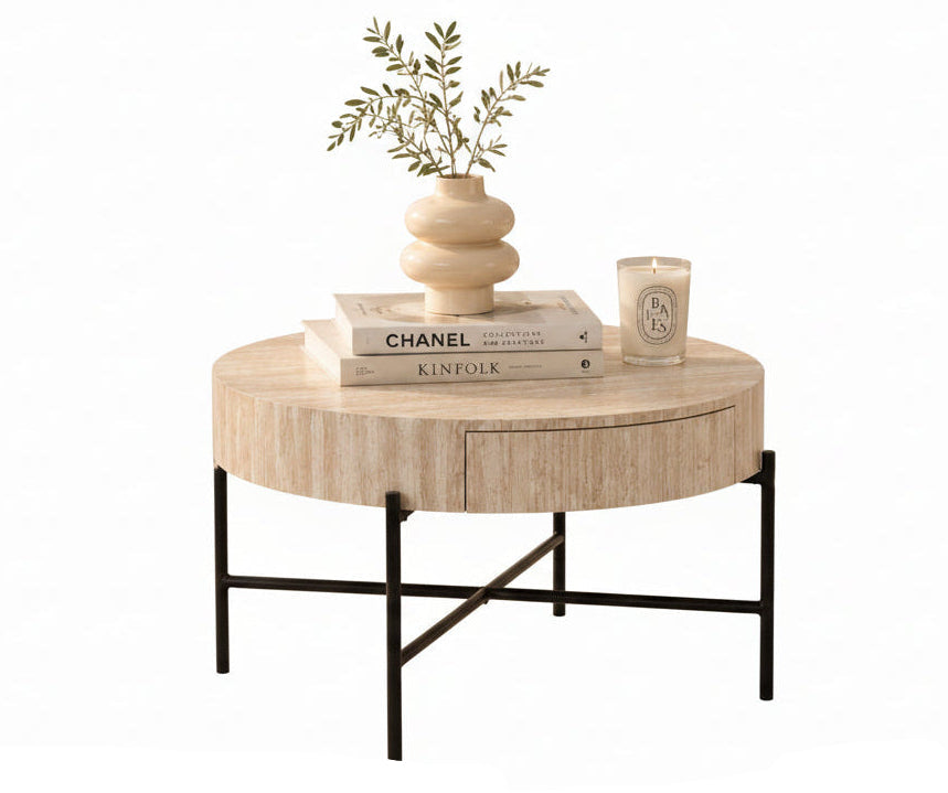 IF-3210 Coffee Table, 32" Round, Elegant Beige Travertine-Look Finish with Natural Stone Texture, Vertical Ribbed Detailing