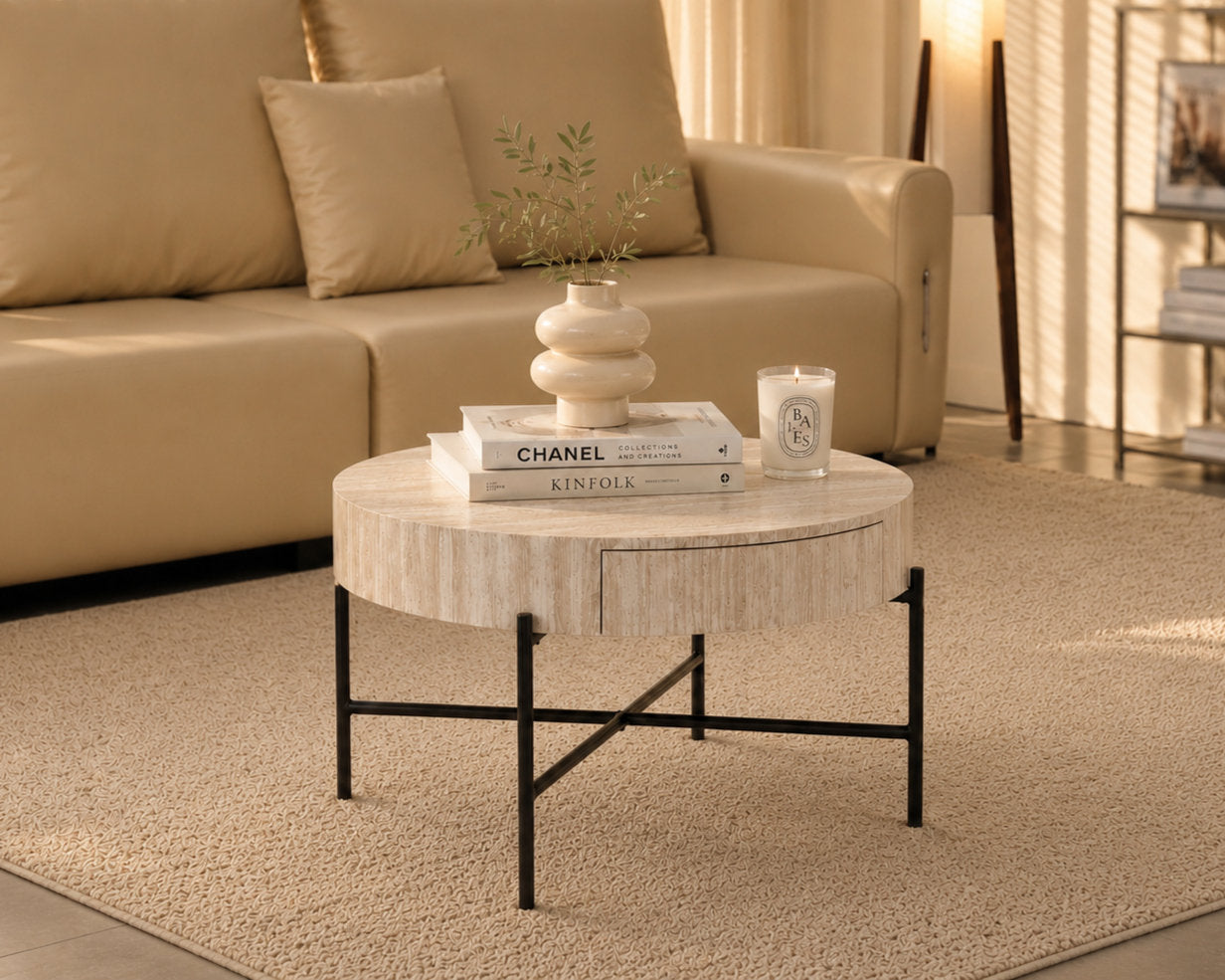 IF-3210 Coffee Table, 32" Round, Elegant Beige Travertine-Look Finish with Natural Stone Texture, Vertical Ribbed Detailing