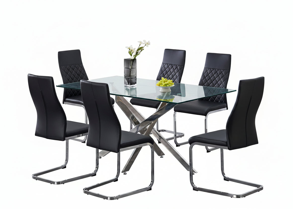 T-1448 | C-1574 Dining Set, 7 Pc, 63" Table + 6 Chairs, Chrome + Glass Table, Chrome + Black Chairs