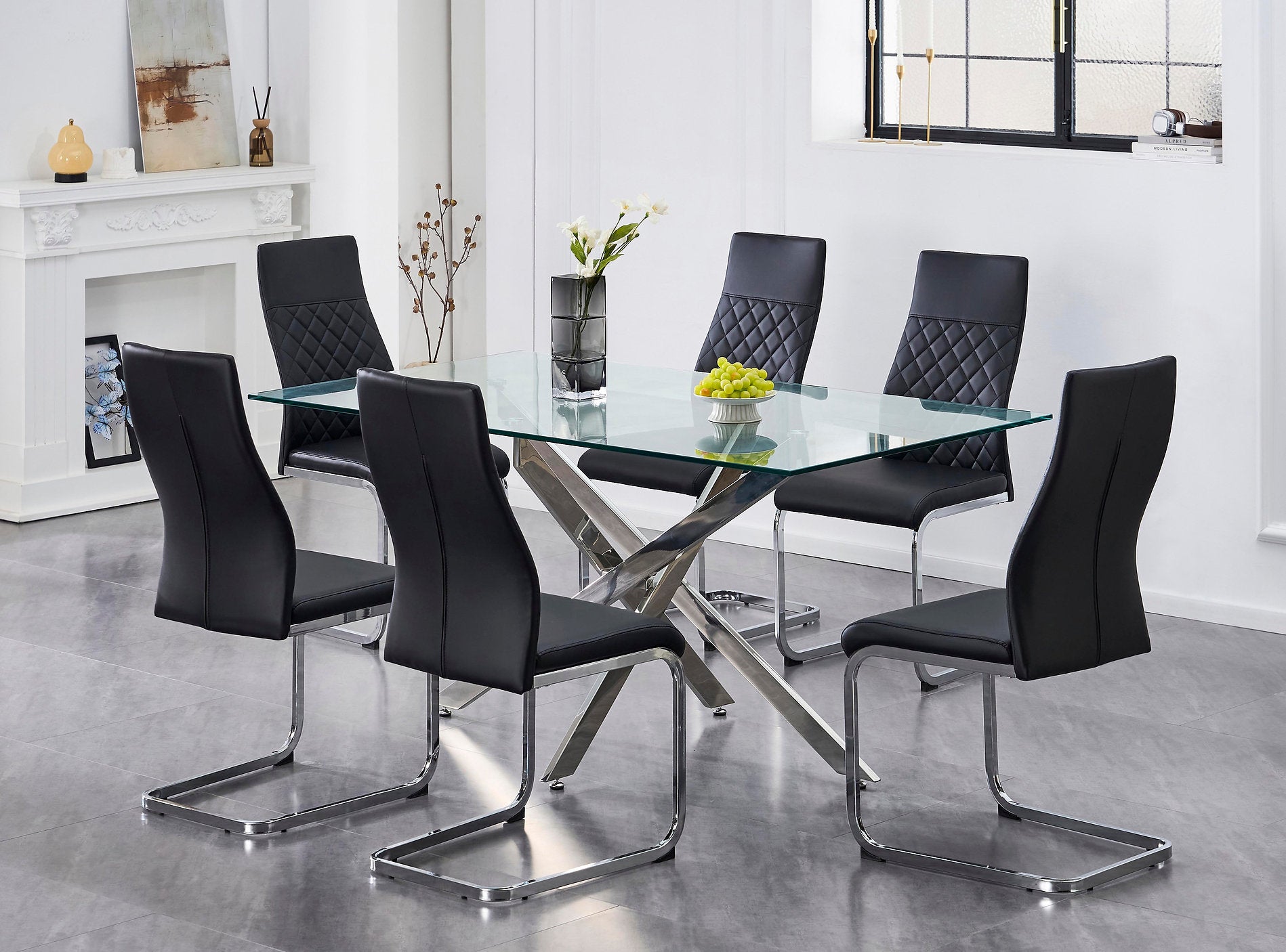 T-1448 | C-1574 Dining Set, 7 Pc, 63" Table + 6 Chairs, Chrome + Glass Table, Chrome + Black Chairs