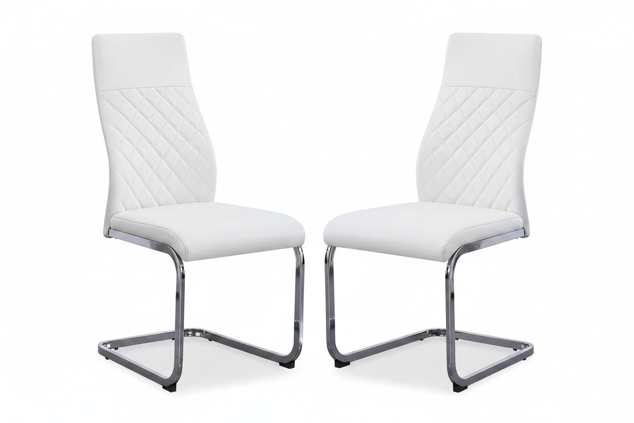 C-1575 Dining Chair, White, Faux Leather, Chrome C-Shape Frame, Elegant Diamond Stitching,  Set of 2 Chairs