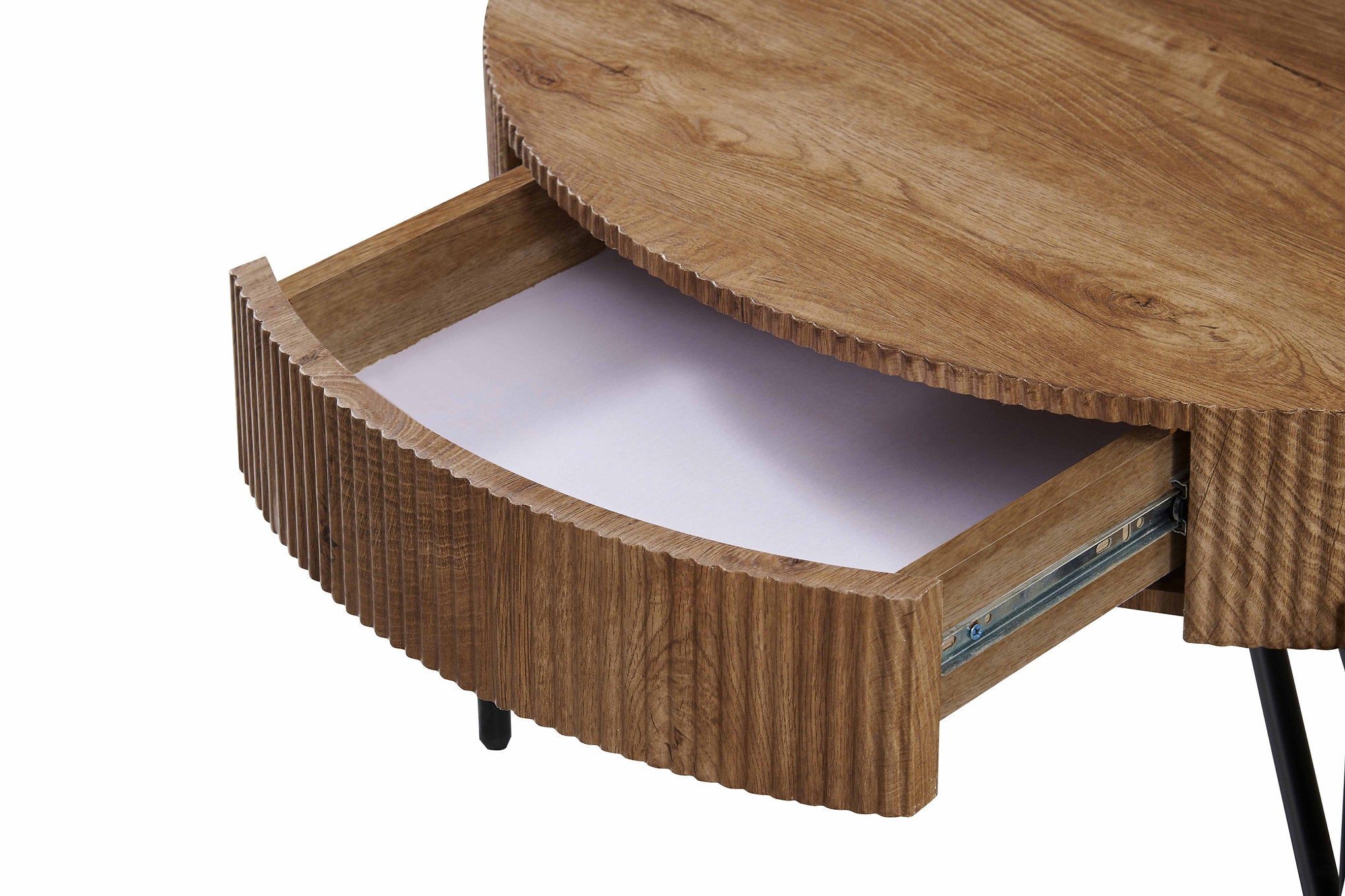 IF-3211 Coffee Table, 32" Round, Rich Warm Walnut Finish with Natural Wood Grain Texture, Vertical Ribbed Detailing