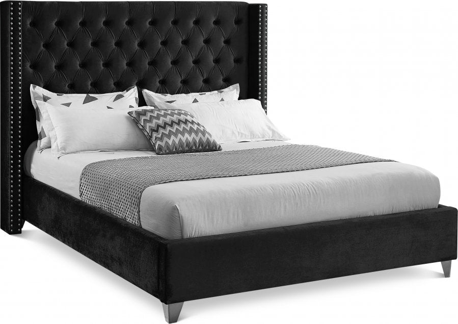 IF-5893 Bed, Black, Velvet Fabric, Tufted Headboard