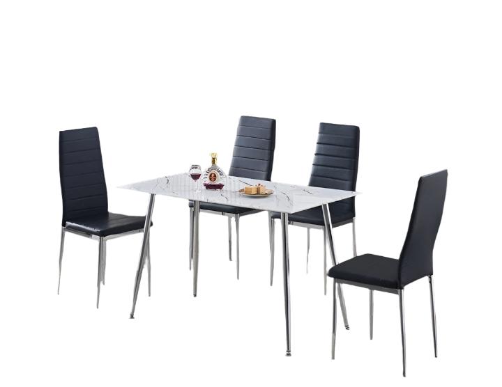 T-5080 | C-5083 - 5Pc Dining Set - 48" White Marble Glass Table & 4 Black  Chairs