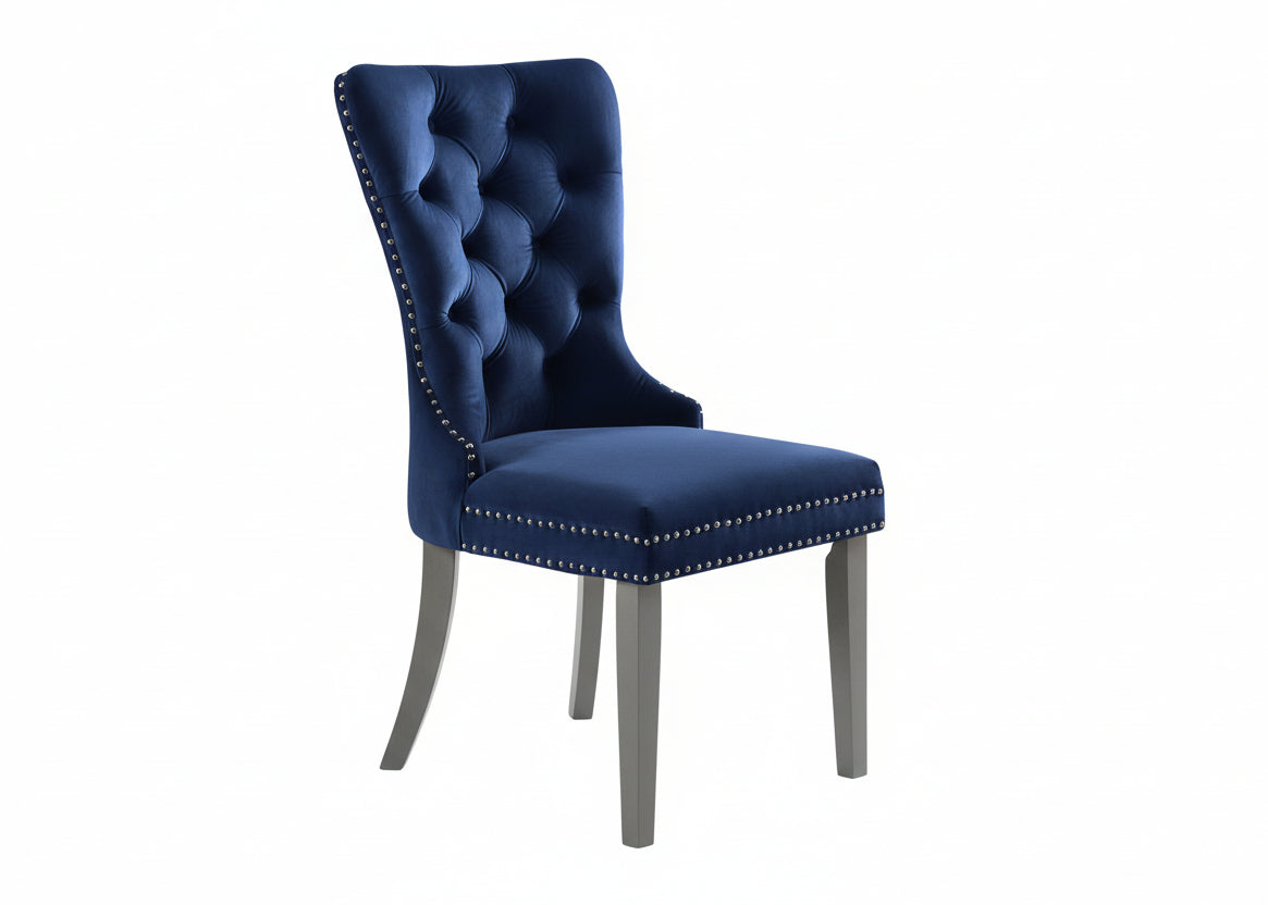 T-1448 | C-1262 Dining Set, 7 Pc, 63" Table + 6 Blue Velvet Chairs, Chrome Steel Table Legs, Glass Top
