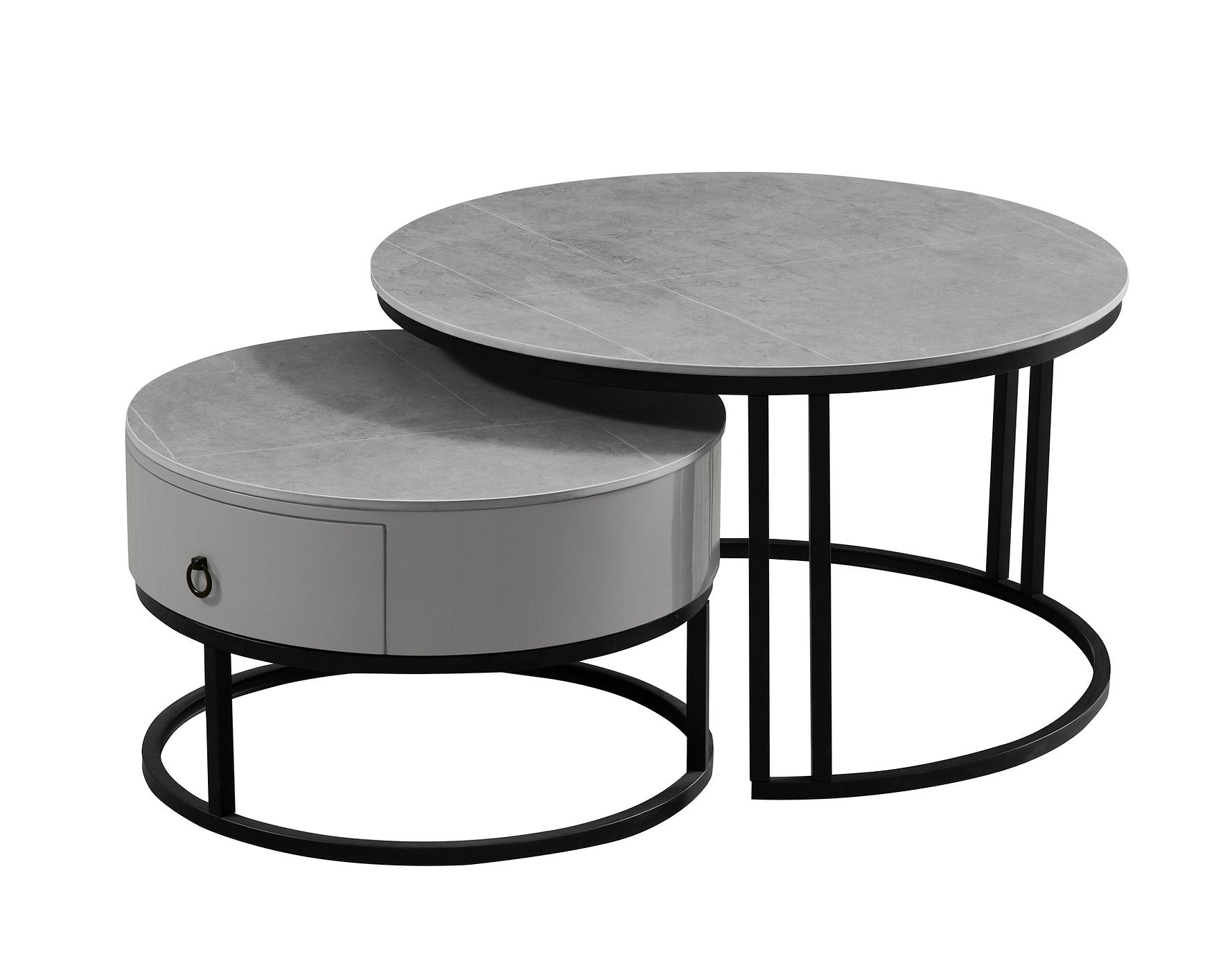 IF-2668 Coffee Table Set, 2Pc, Nested, Armani Grey Stone Top, Black Steel Base