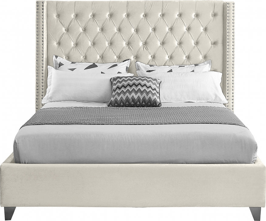 IF-5892 Bed, Cream, Velvet, Deep Tufted Headboard