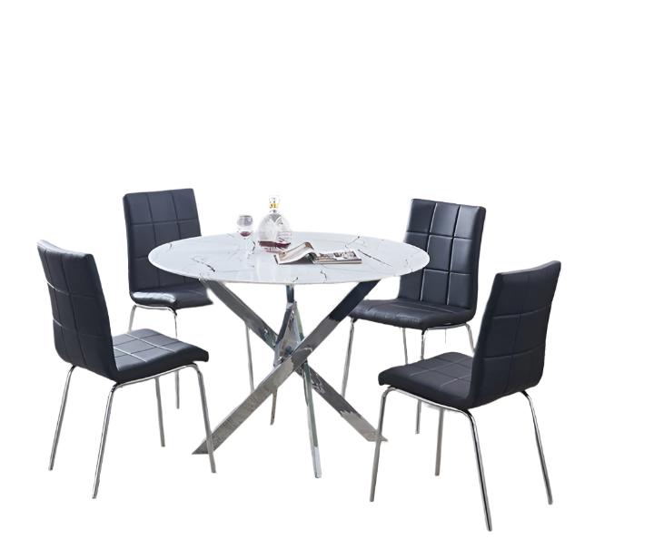 T-1445 | C-1760 Dining Set, 5Pc, 44" Dia Round White Marble Glass Top, Black Chairs