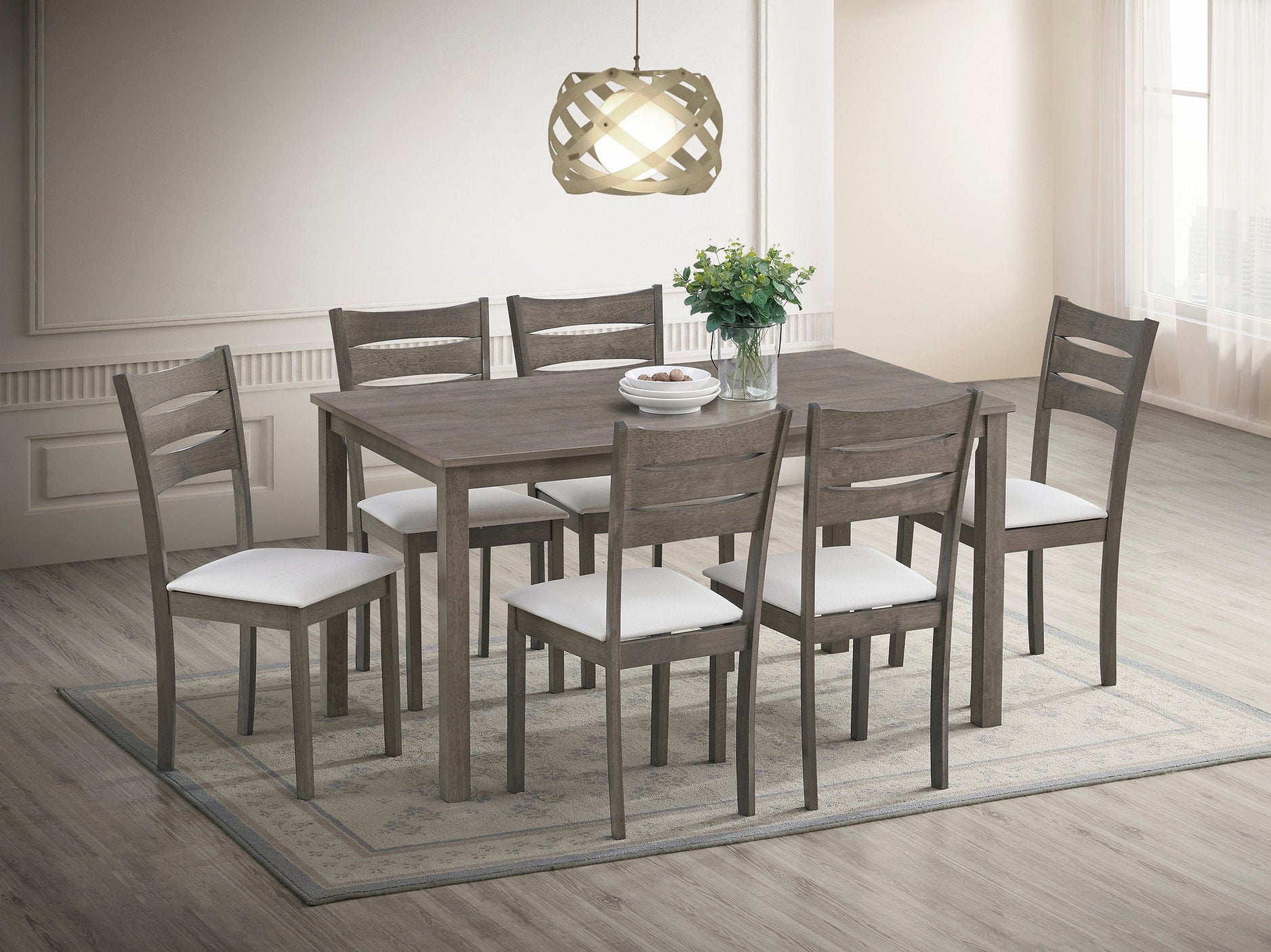 T-1051 | C-1052 - 7 Pc Dining Set, 55"Long Table, Antique Grey Wood, Creme Upholstered Chairs, Cushion Fabric Seats, Ladder Back
