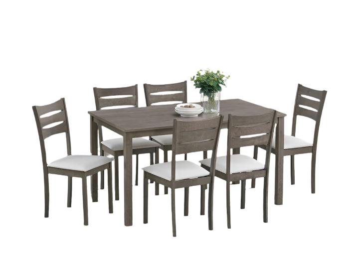 T-1051 | C-1052 - 7 Pc Dining Set, 55"Long, Antique Grey, Wood Table, Creme Upholstered Cushion Fabric Seats