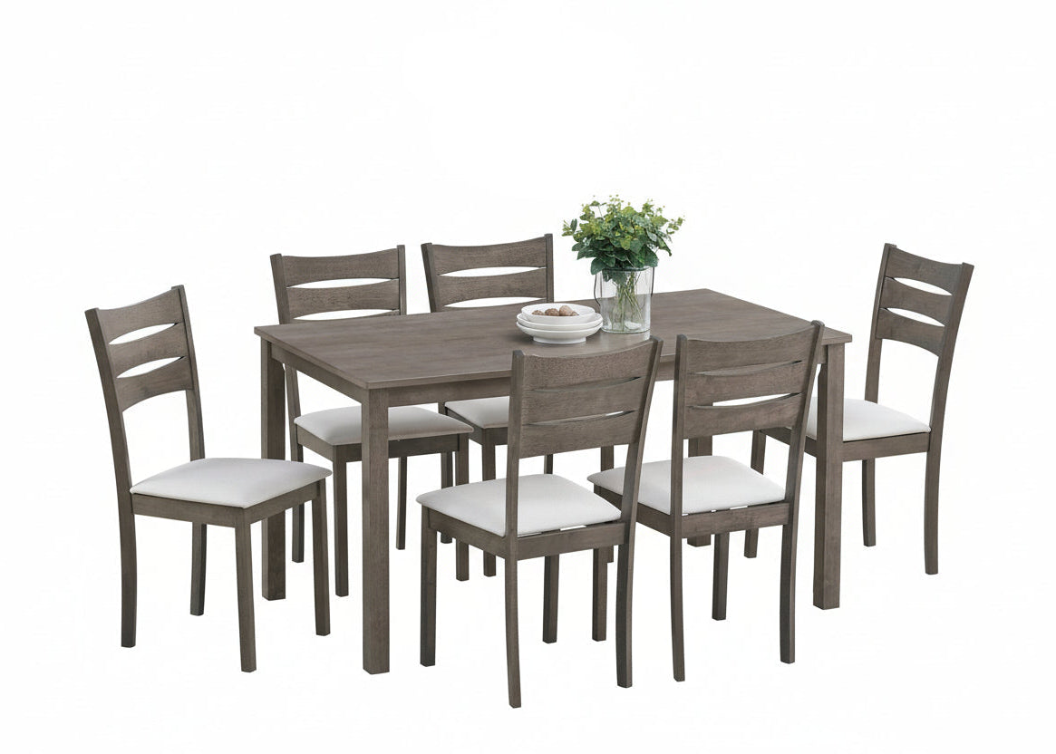 T-1051 | C-1052 - 7 Pc Dining Set, 55"Long Table, Antique Grey Wood, Creme Upholstered Chairs, Cushion Fabric Seats, Ladder Back