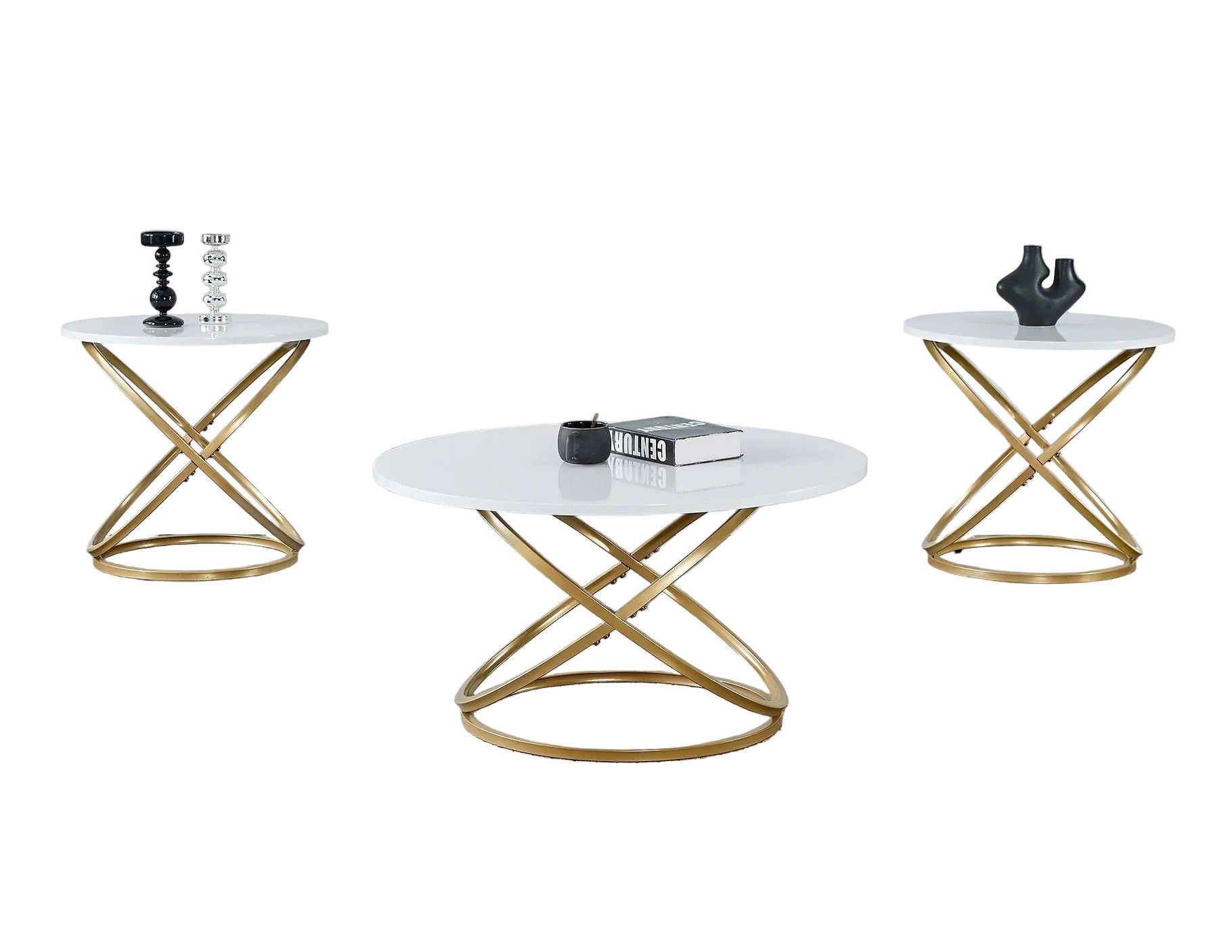 IF-2642 Coffee Table Set, 3Pc, Gold Base, 3Pc, Oval and Round White Top