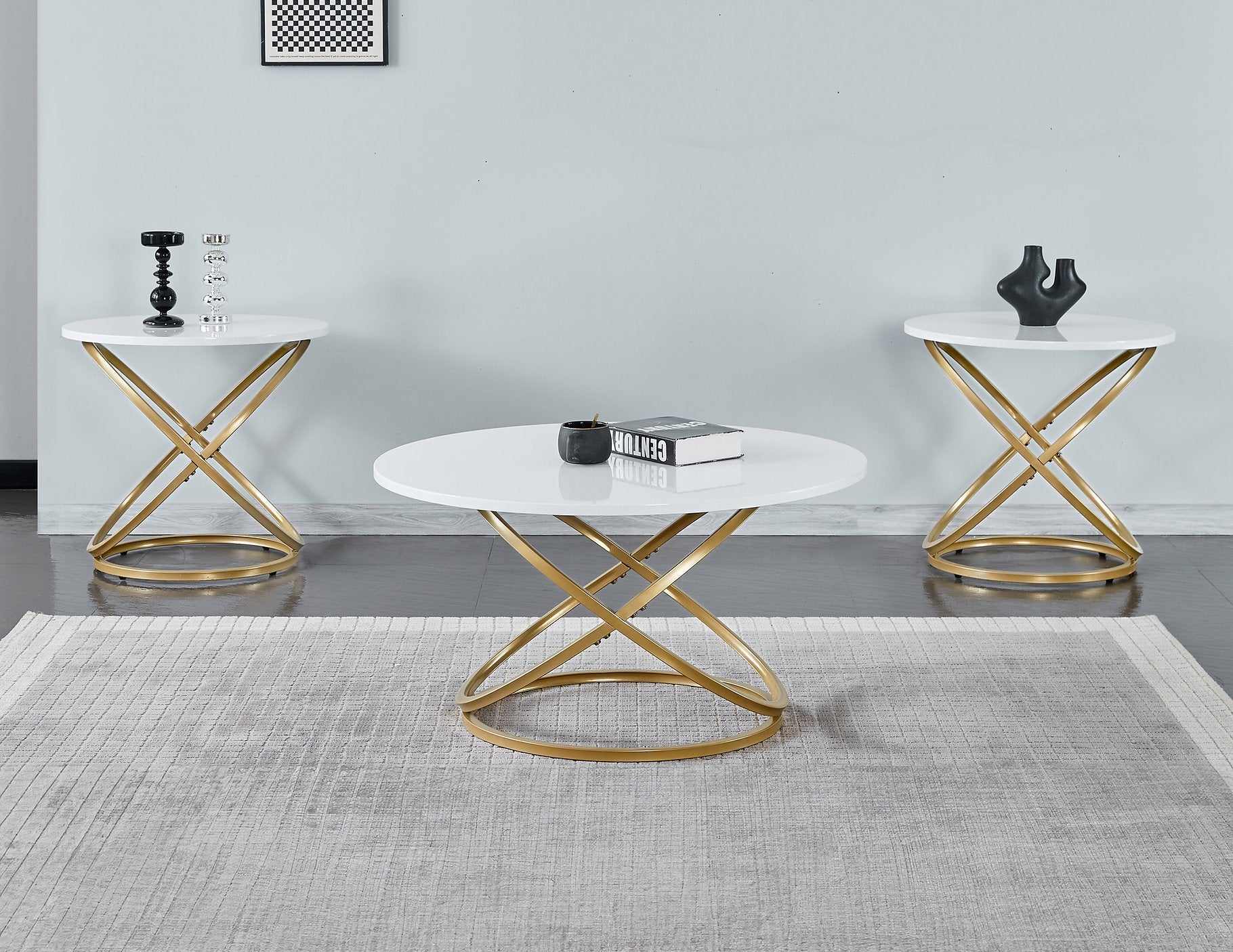 IF-2642 Coffee Table Set, 3Pc, Gold Base, 3Pc, Oval and Round White Top