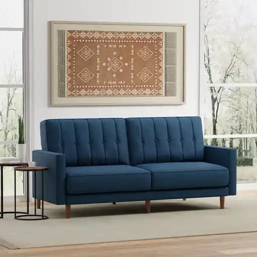 "CYRIS" Klick Klack, 81" Wide, Navy Blue Fabric, Split Back, Button Tufting