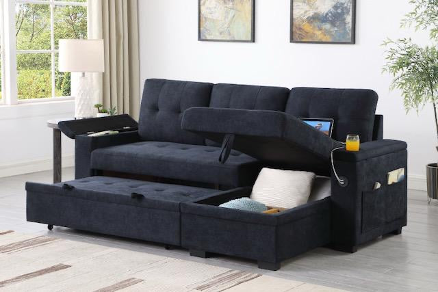 "CHASE" Sectional Sofa, Charcoal, 83" Wide, Pullout Bed, Storage Compartments in Armrests and Chaise, Reversible, USB Charging