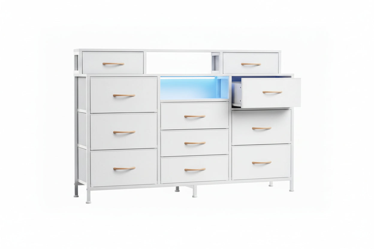 JL 12DRW Dresser, White, 63" Wide, 12 Fabric Drawers, Led Lights, Metal Frame