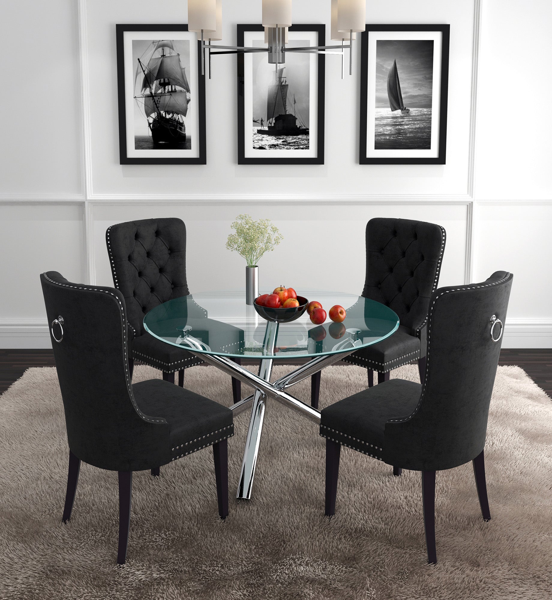 SOLARA II-DINING TABLE, 40"DIA - CHROME / RIZZO BLACK CHAIRS - 5PC DINING SET