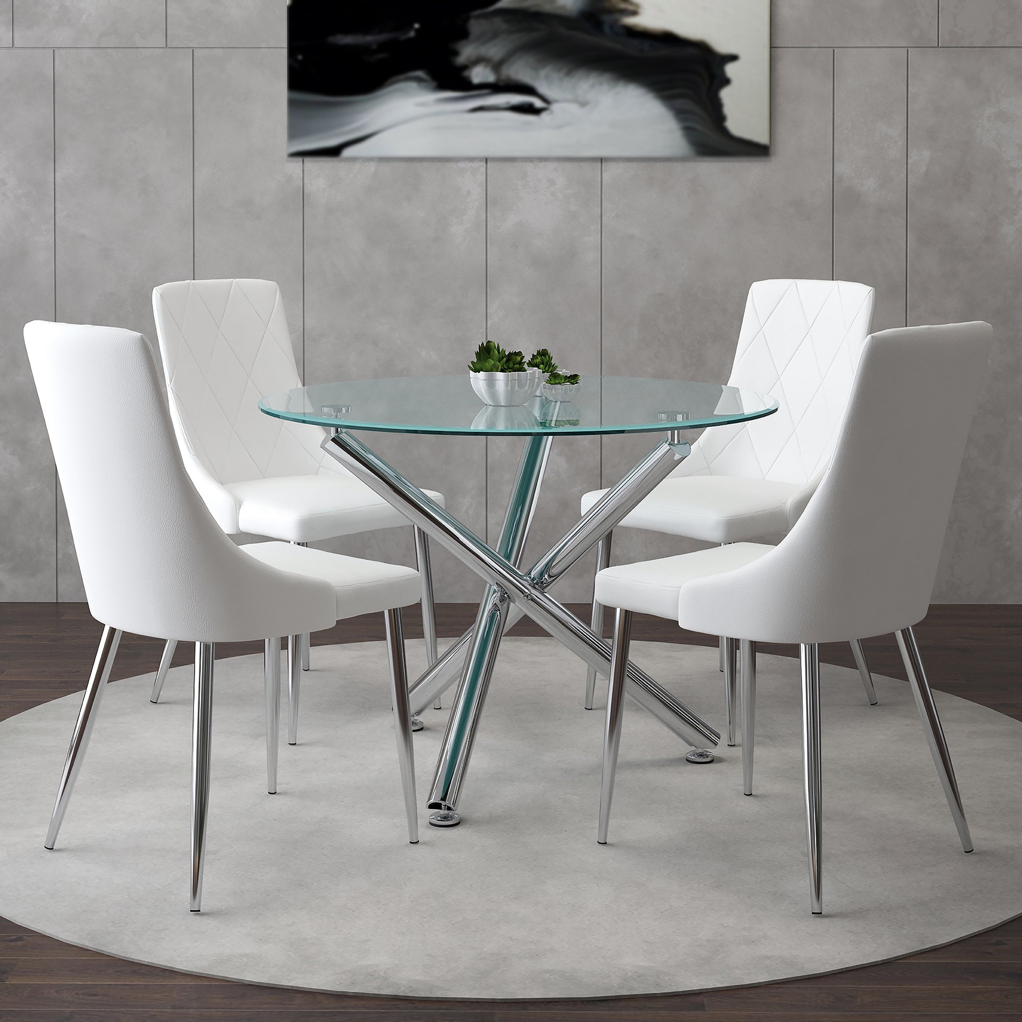 SOLARA II-DINING TABLE, 40"DIA - CHROME / DEVO WHITE CHAIRS - 5PC DINING SET
