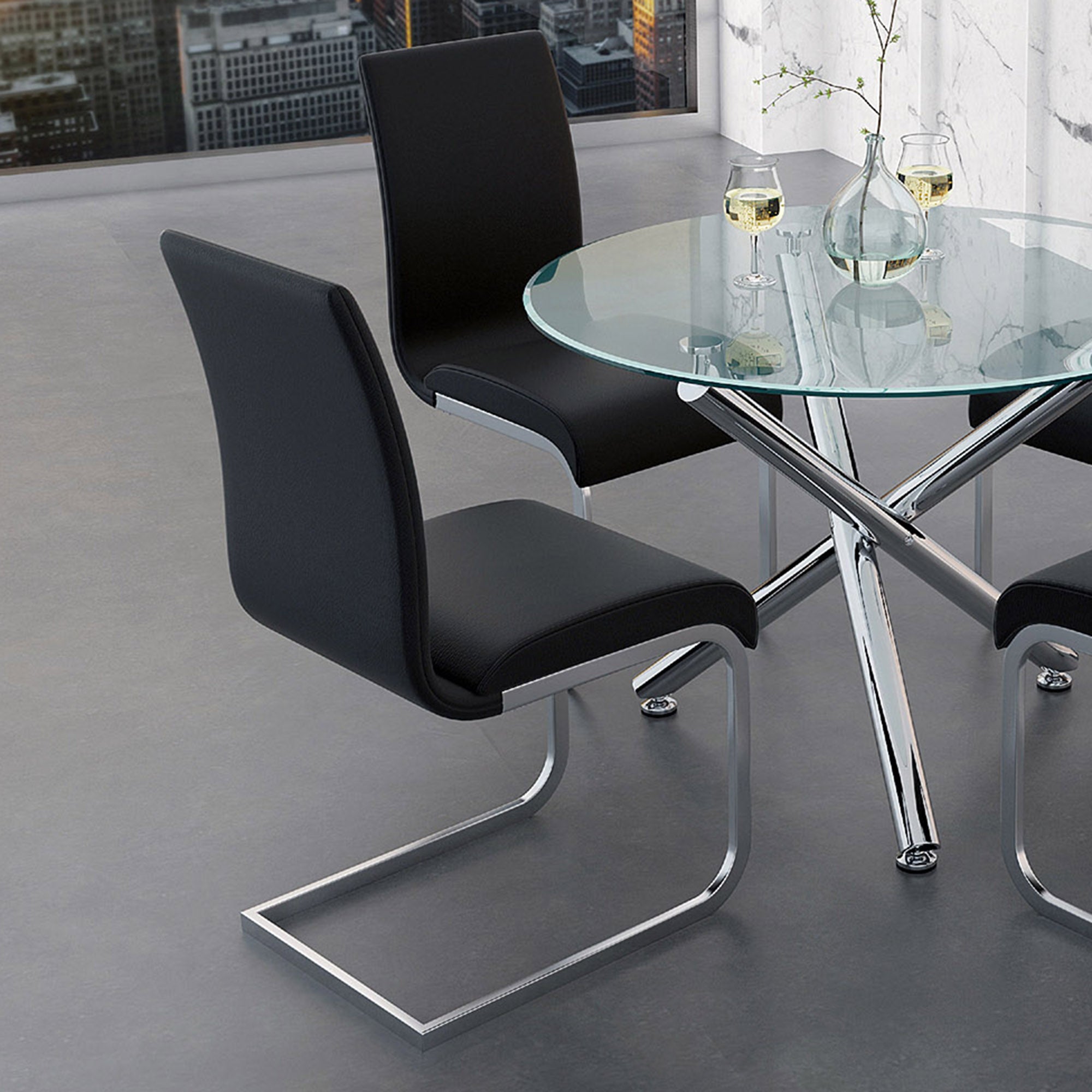 SOLARA II-DINING TABLE, 40"DIA - CHROME / MAXIM BLACK CHAIRS - 5PC DINING SET