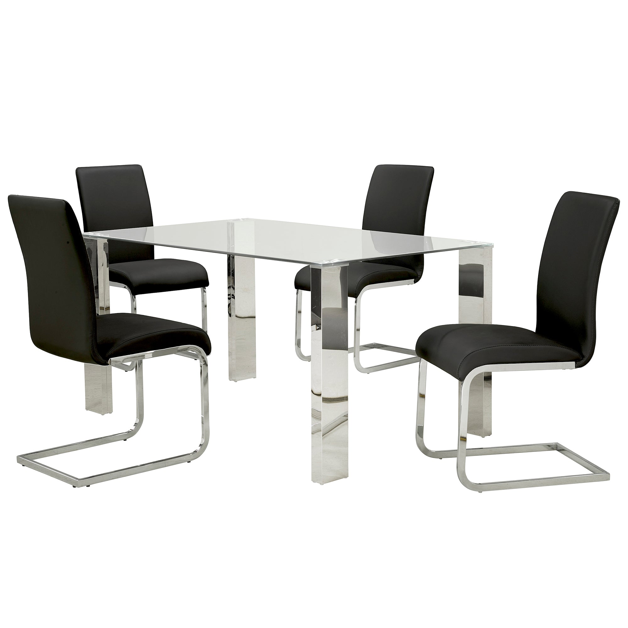 FRANKFURT 55" DINING TABLE-STAINLESS STEEL & GLASS / MAXIM BLACK CHAIRS - 5PC DINING SET
