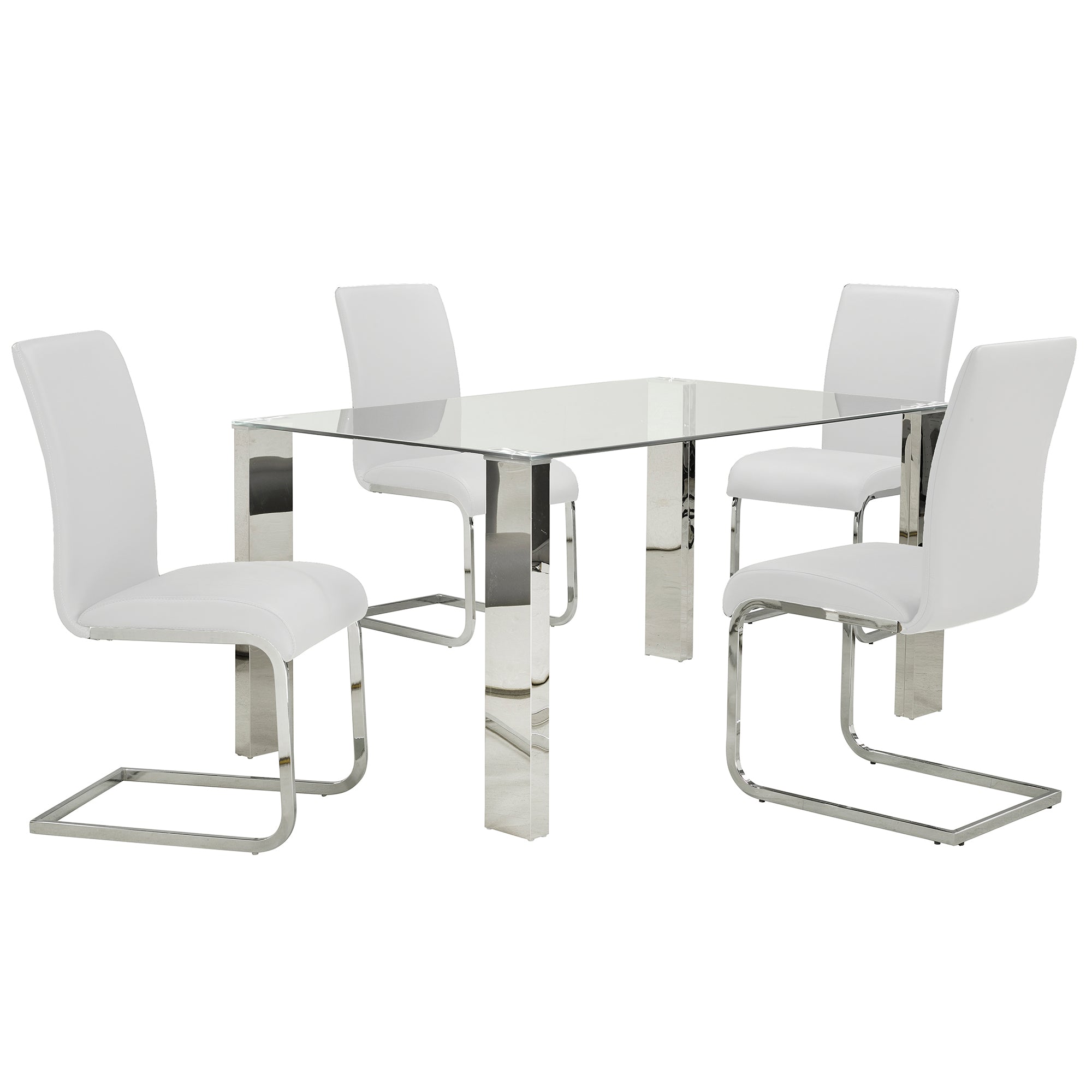 FRANKFURT 55" DINING TABLE-STAINLESS STEEL & GLASS / MAXIM WHITE CHAIRS - 5PC DINING SET