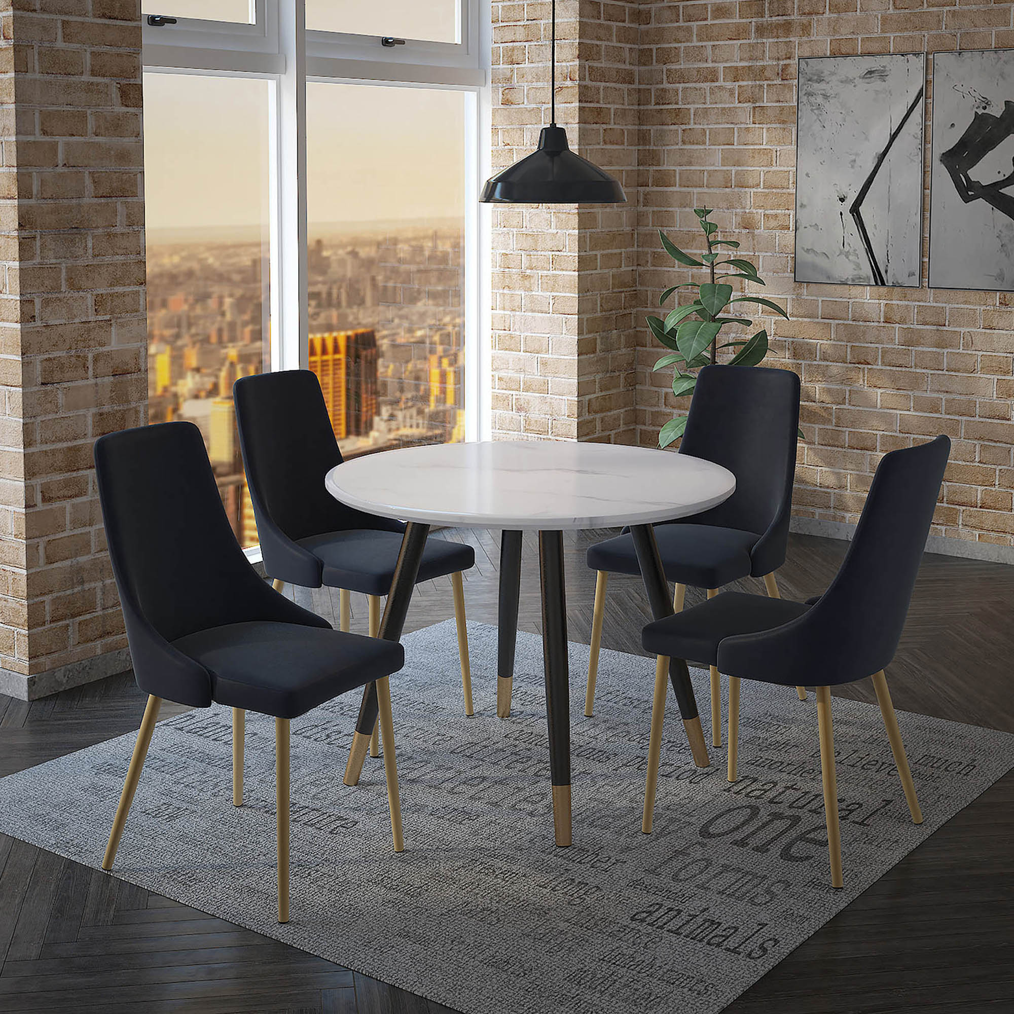 EMERY 40" ROUND TABLE / CARMILLA BLACK CHAIRS - 5PC DINING SET