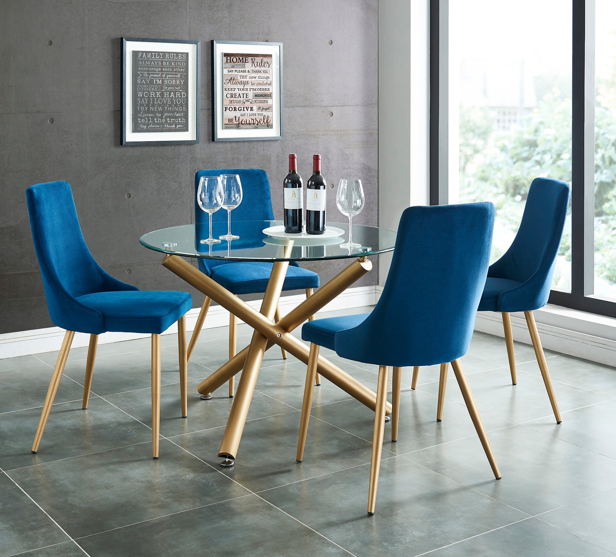 CARMILLA 40" ROUND GLASS TABLE WITH BLUE CHAIRS - 5PC DINING  SET