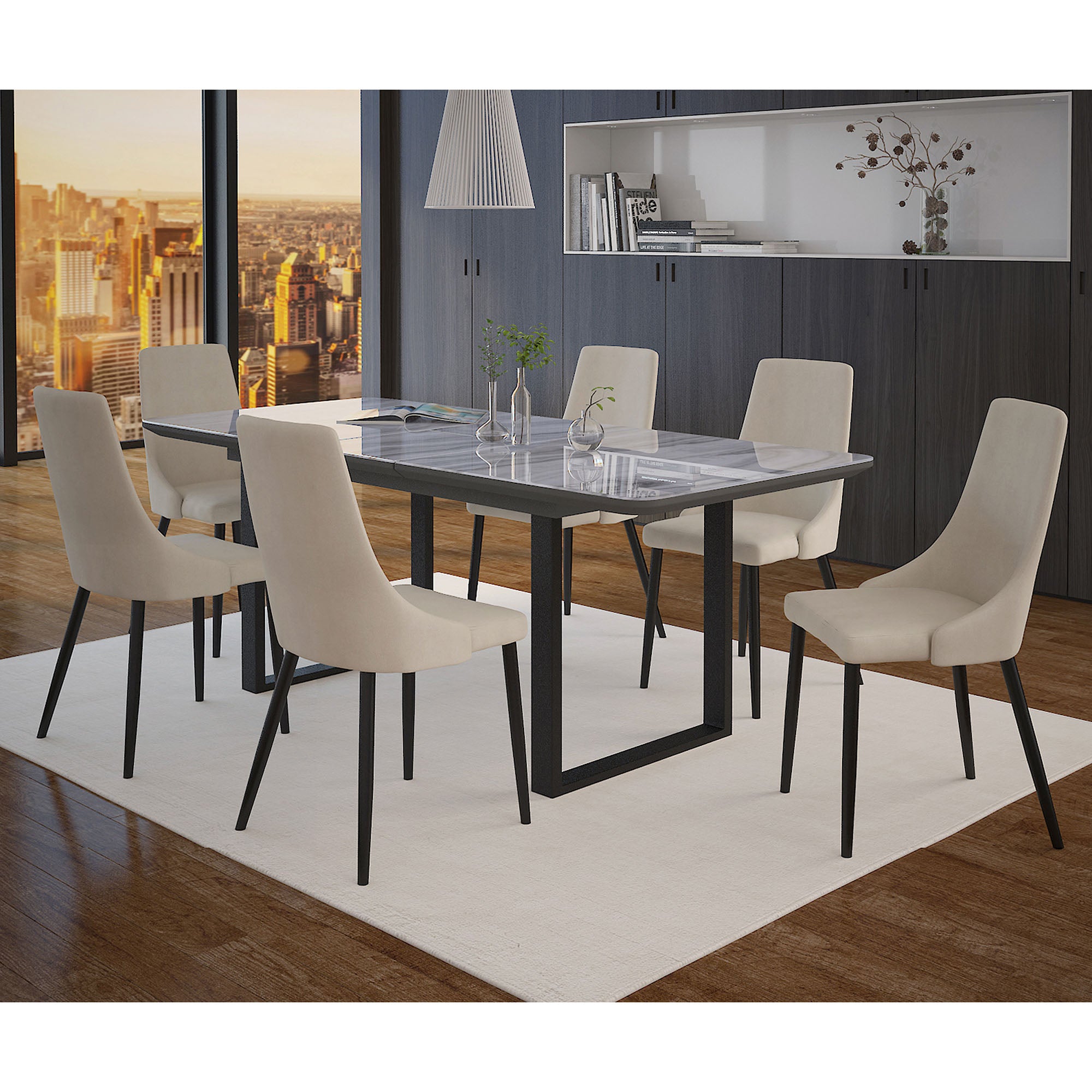 GAVIN-EXTENSION DINING TABLE-BLACK / VENICE BEIGE CHAIRS -7PC DINING SET
