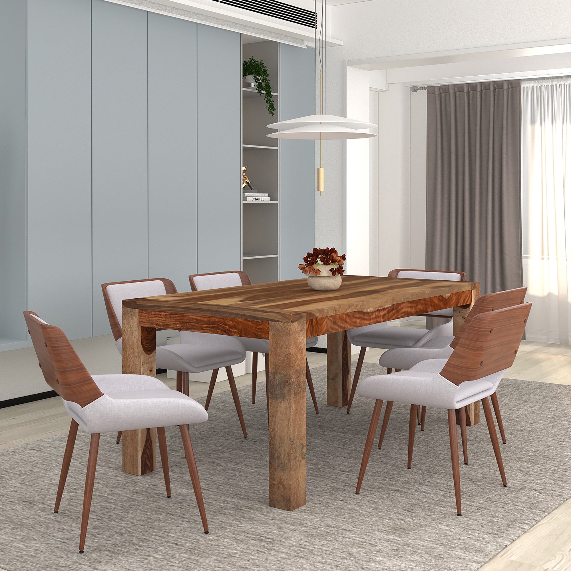 KRISH - 70" DINING TABLE- SOLID WOOD/ HUDSON GREY CHAIRS - 7PC DINING SET