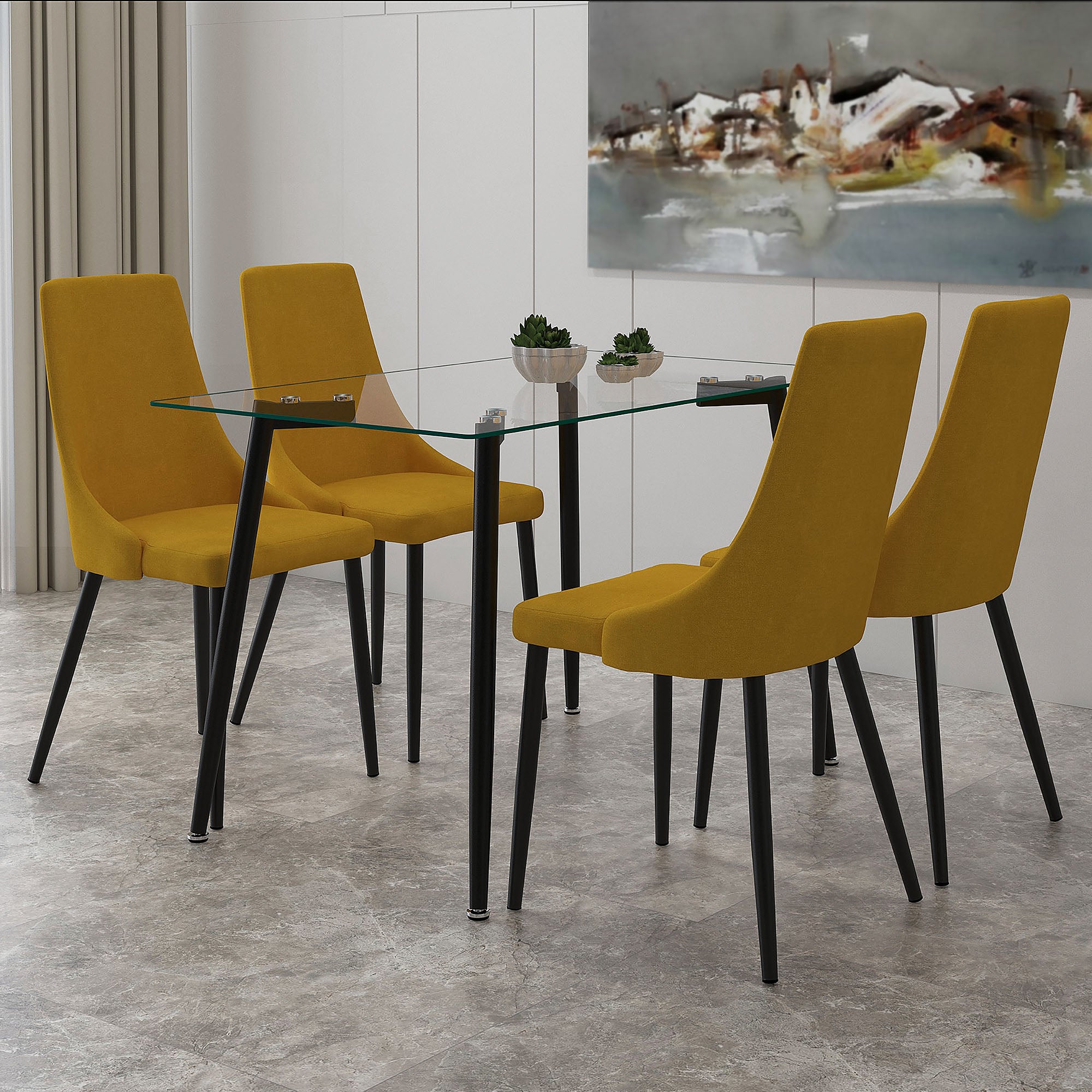 ABBOT 48" GLASS TABLE / VENICE MUSTARD CHAIRS -5PC DINING SET