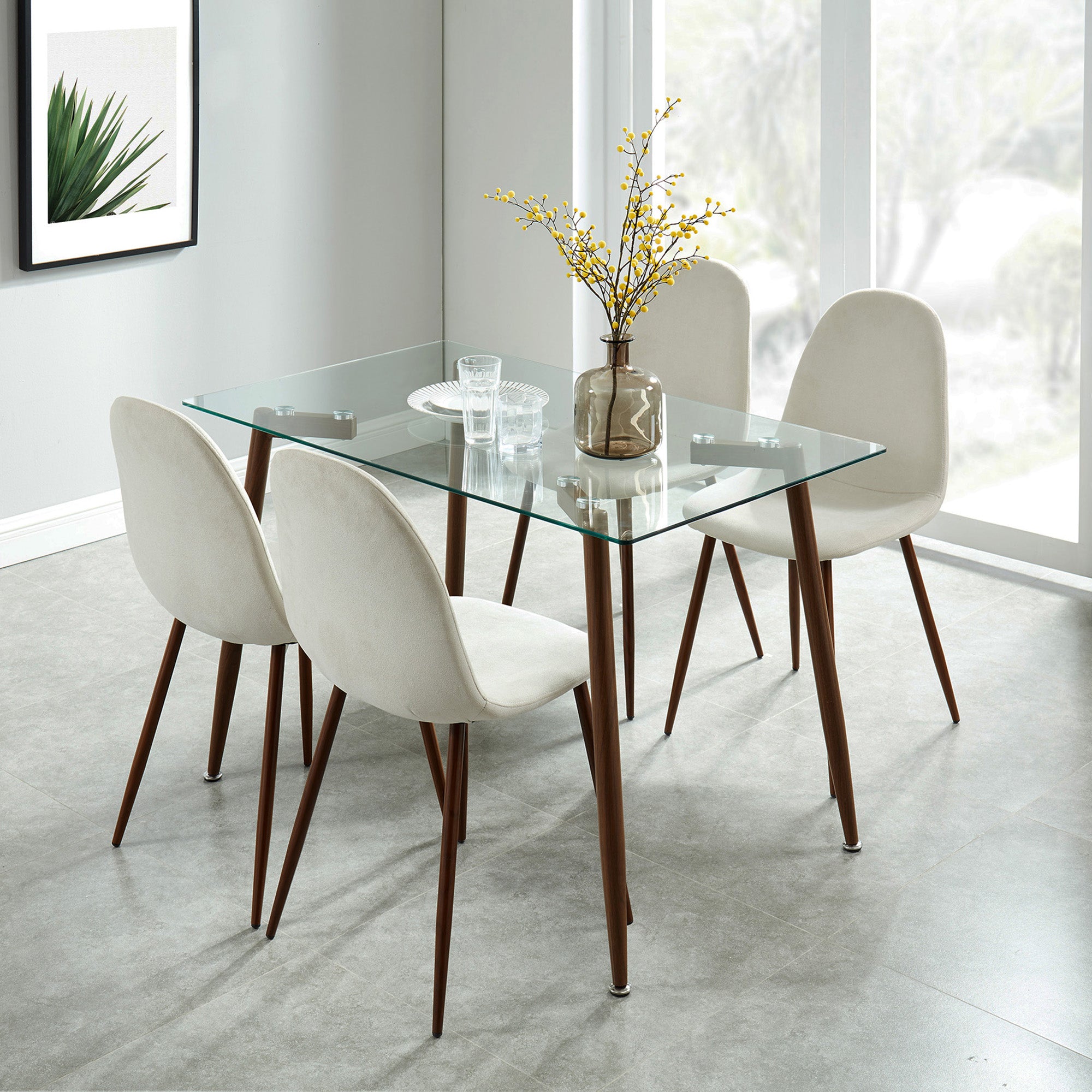 ABBOT 48" GLASS TABLE / LYNA BEIGE CHAIRS - 5PC DINING SET