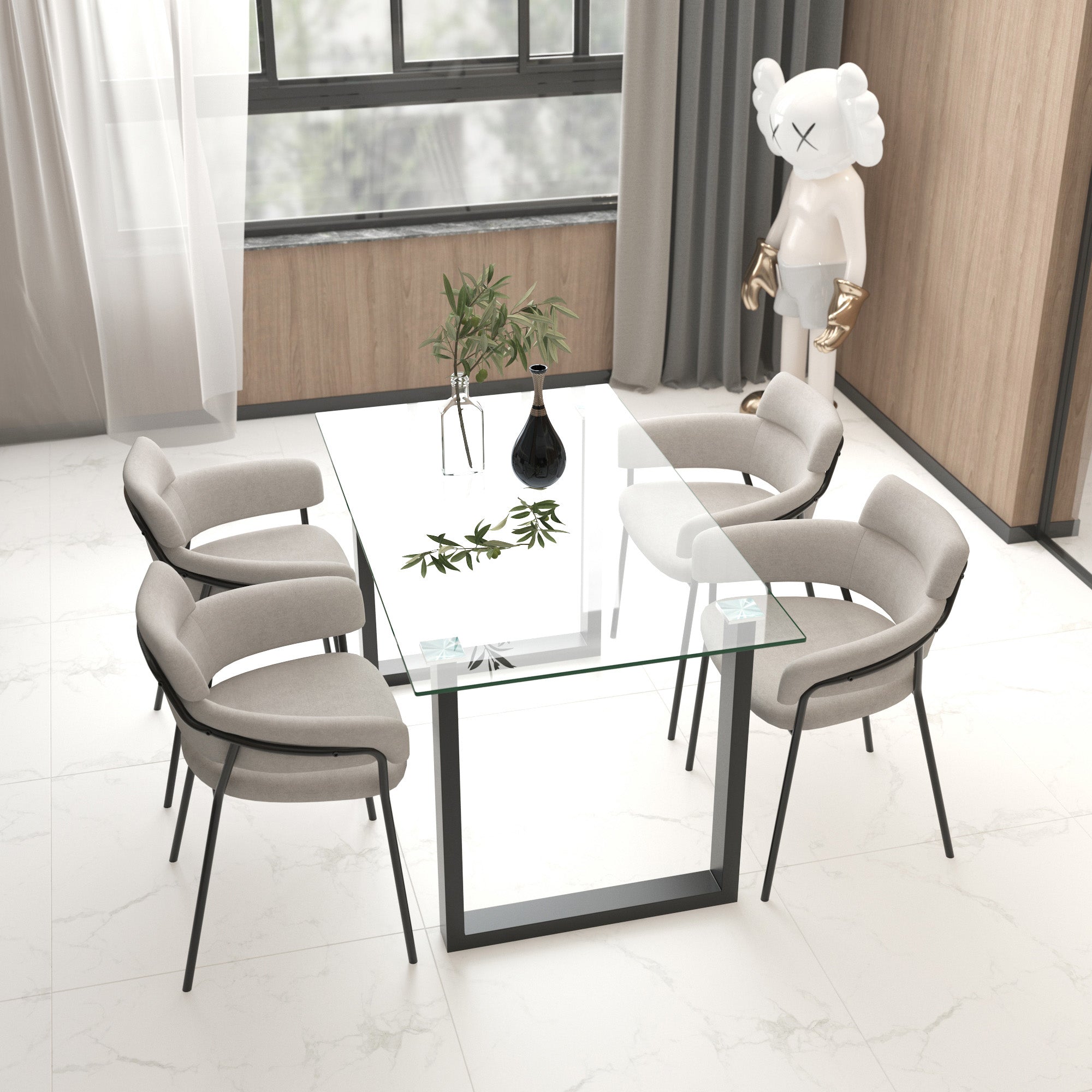 FRANCO 55" BLACK & GLASS DINING TABLE / AXEL GREY CHAIRS - 5PC DINING SET